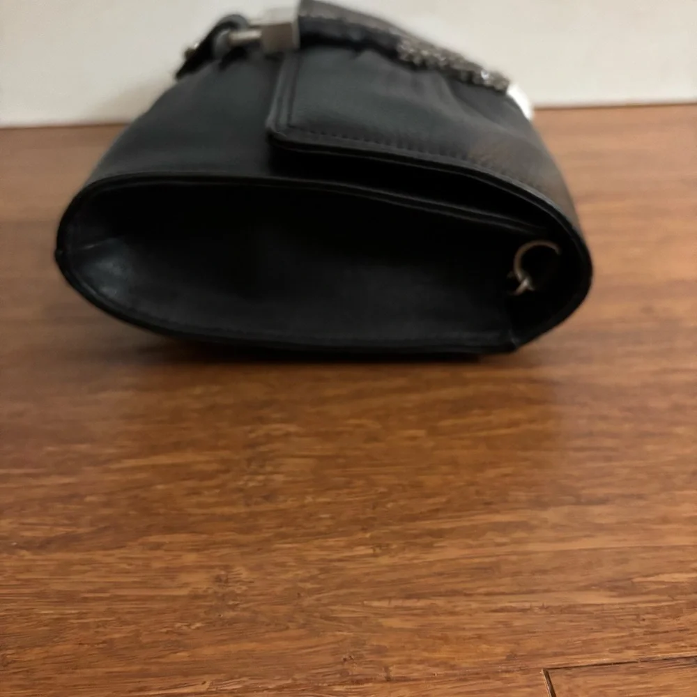 Tahari Black Leather Ruched Clutch Silver Chain Shoulder Bag